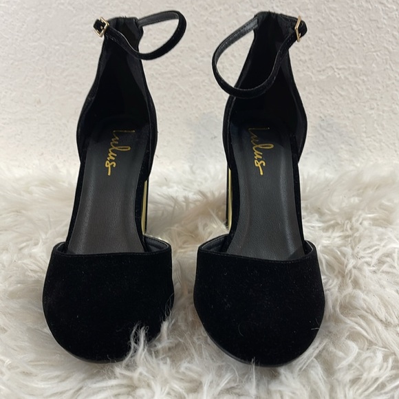 LULUS Laura Black & Gold Velvet Ankle Strap Chunky Heels Size 8.5 NEW - Picture 4 of 15